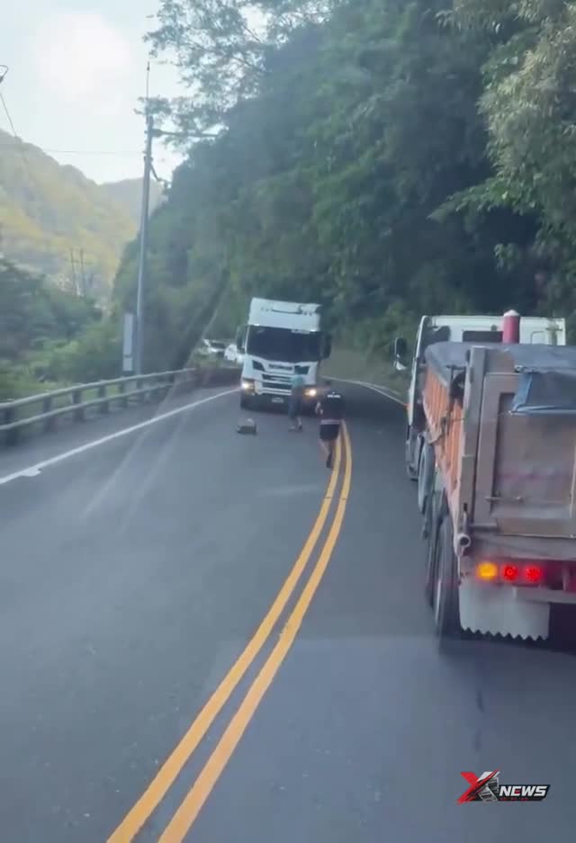 苏花公路落石挡道，两货车司机合力搬离